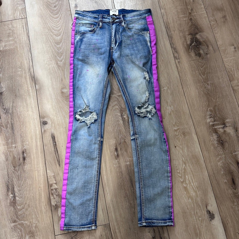 KDNK Men's Distressed Skinny Jeans Purple Side Stripe Paint‎ Splatter Blue 30x30